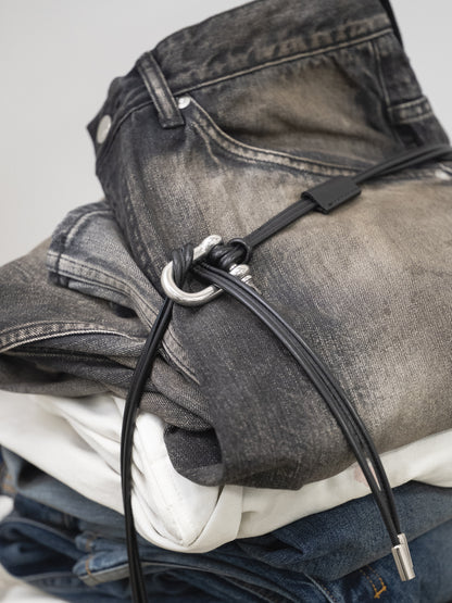 ANCELLM / LEATHER ROPE BELT -BLACK