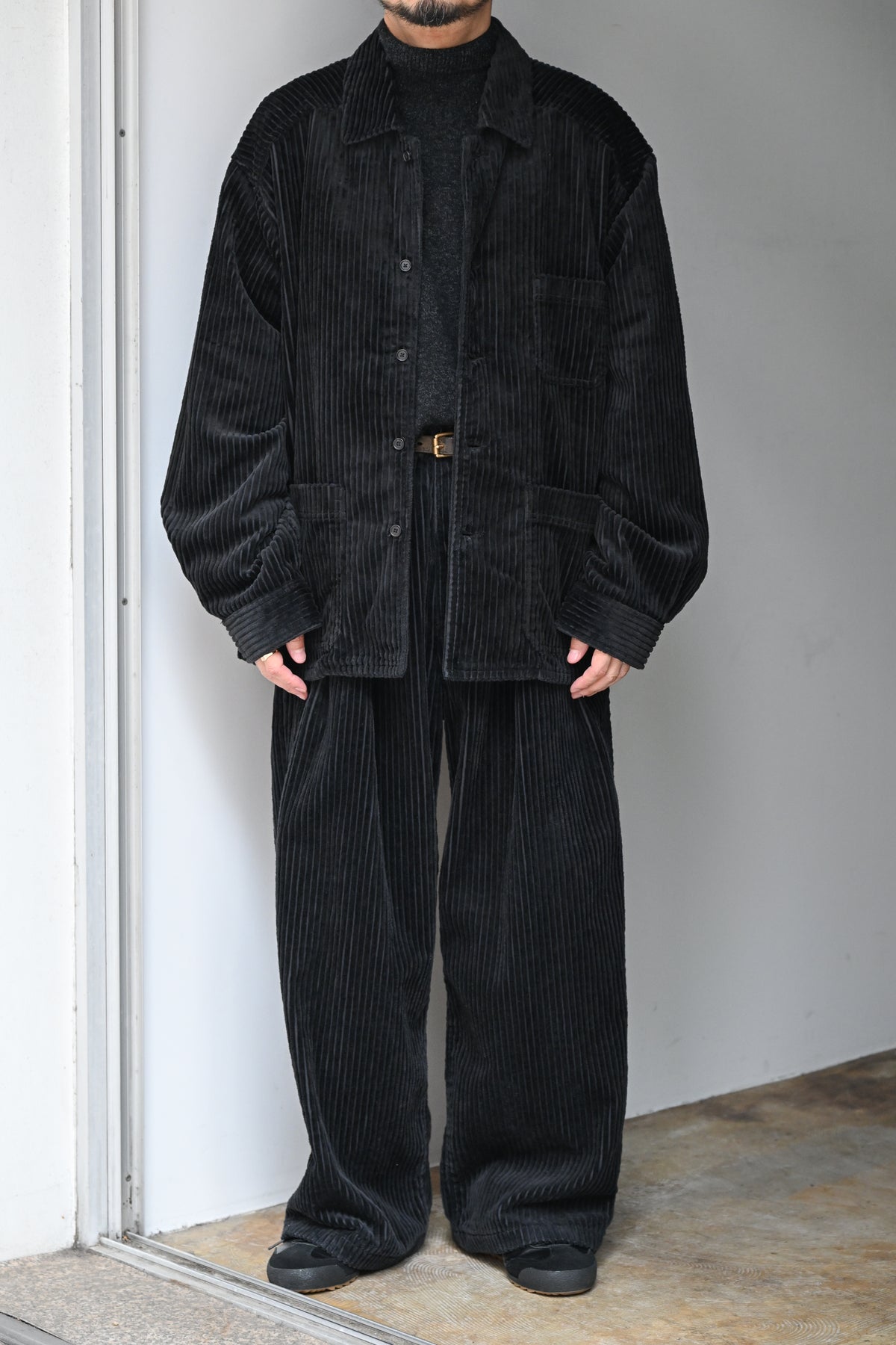 ANCELLM / CORDUROY OPEN COLLAR SHIRT -BLACK
